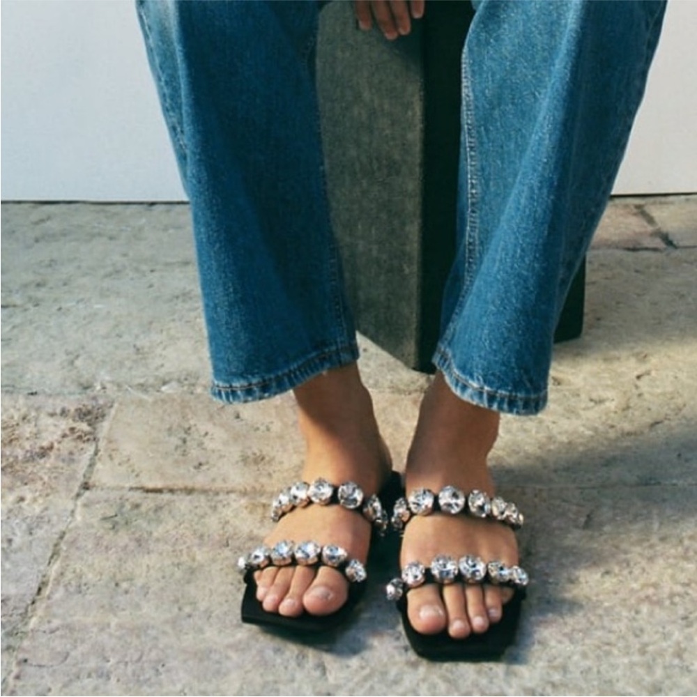 ZARA EMBELLISHED FLAT LEATHER SANDALS